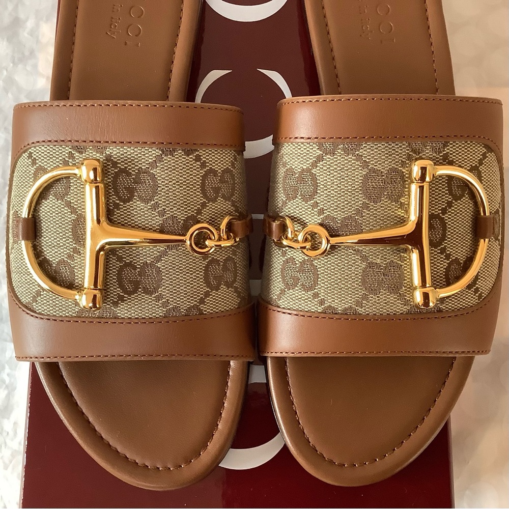 BNIB Gucci Alfa Gold Horsebit Brown GG Canvas Logo Leather Flat Slip Sandal 37.5 - Picture 5 of 12